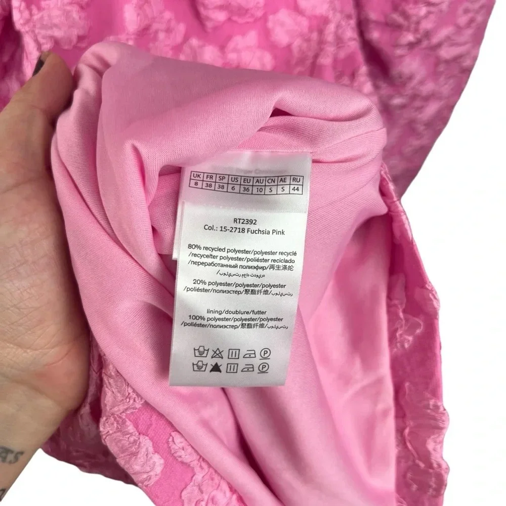 Textured Pink Puff-Sleeve Mini Dress - Picture 9 of 16